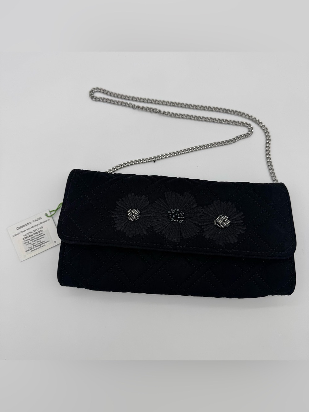 Vera Bradley Celebration Clutch Midnight Blossoms Black Quilted Chain Strap NEW